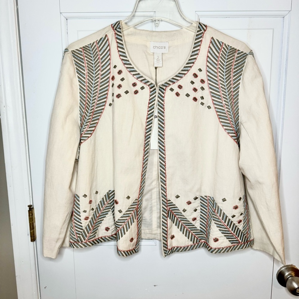 NEW Chico’s Embellished Artisan Pattern Chino Linen/Cotton Jacket Size 2 NWT